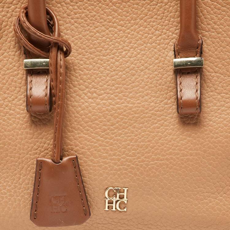 Pre Owned Carolina Herrera Brown/Off White Leather Zip Satchel