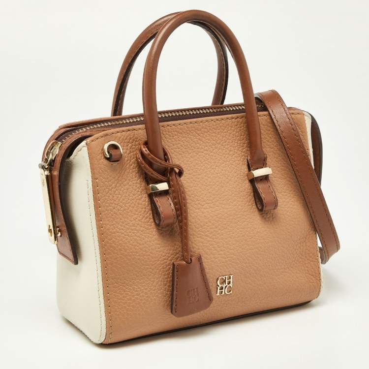 Pre Owned Carolina Herrera Brown/Off White Leather Zip Satchel