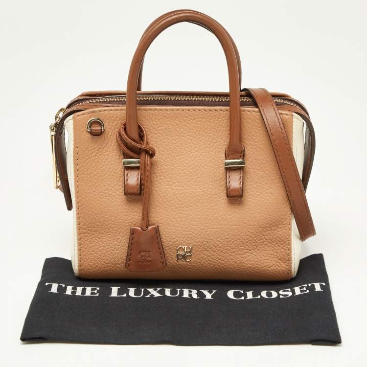 Pre Owned Carolina Herrera Brown/Off White Leather Zip Satchel