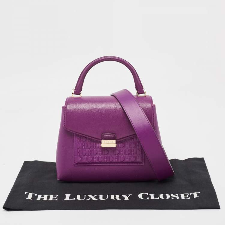 Pre Owned Carolina Herrera Purple Monogram Embossed Leather Top Handle Bag