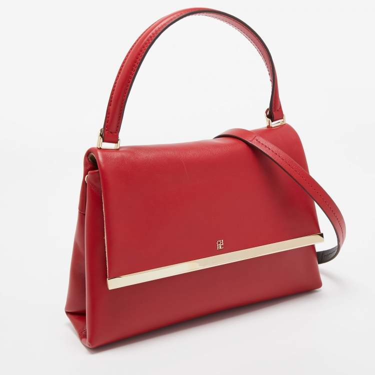 Pre Owned Carolina Herrera Red Leather Metal Bar Flap Top Handle Bag