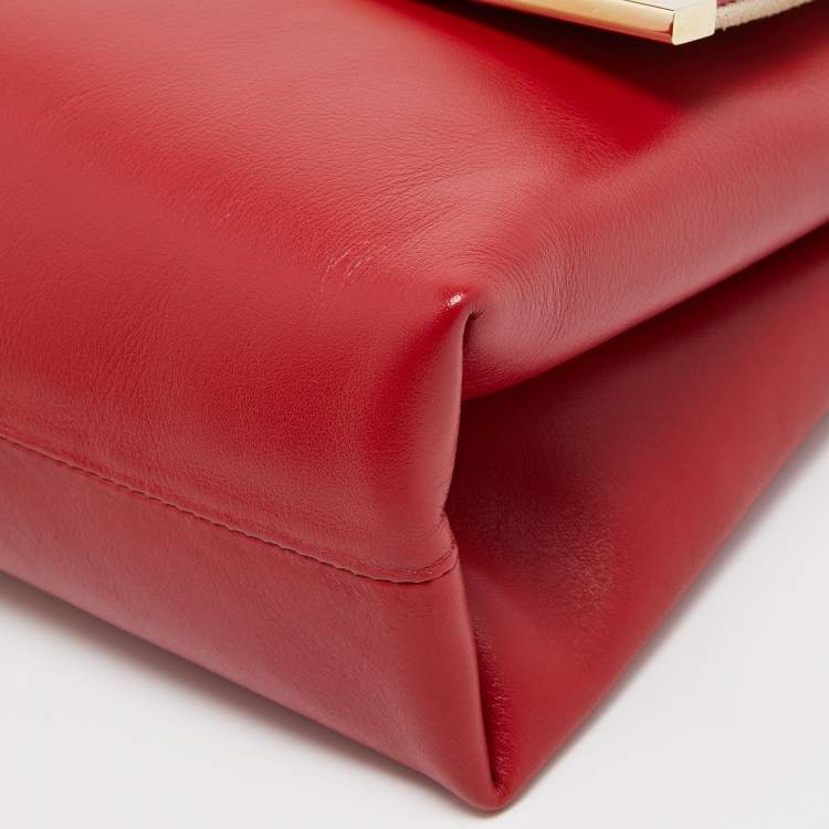 Pre Owned Carolina Herrera Red Leather Metal Bar Flap Top Handle Bag