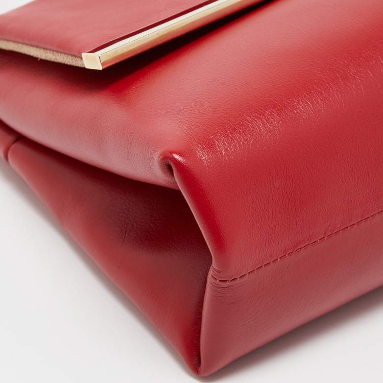 Pre Owned Carolina Herrera Red Leather Metal Bar Flap Top Handle Bag