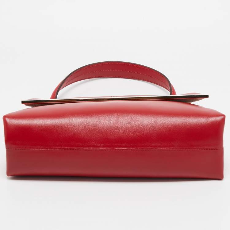 Pre Owned Carolina Herrera Red Leather Metal Bar Flap Top Handle Bag