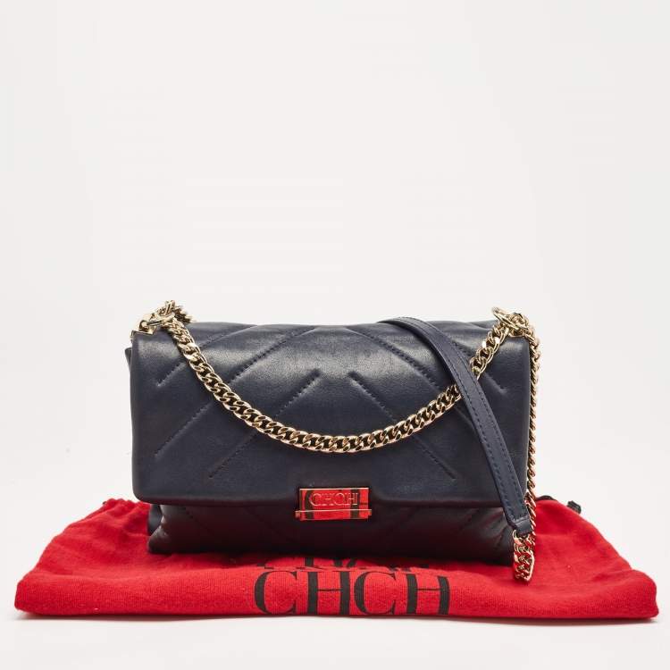 Pre Owned Carolina Herrera Navy Blue Quilted Leather Pushlock Flap Shoulder Bag
