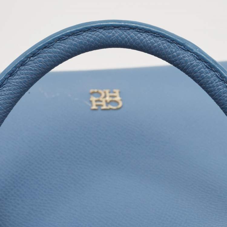 Pre Owned Carolina Herrera Blue Leather Minuetto Flap Top Handle Bag