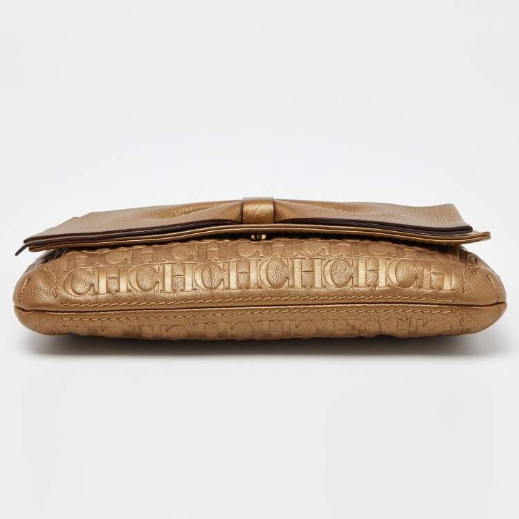 Pre Owned Caroline Herrera Gold Monogram Embossed Leather Bow Chain Clutch