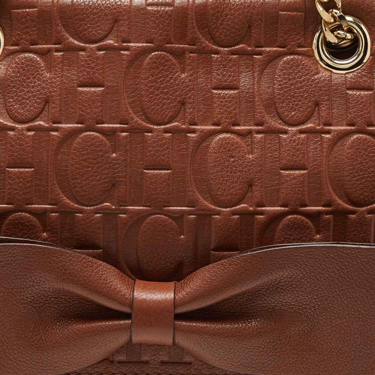 Pre Owned Carolina Herrera Brown Monogram Leather Audrey Shoulder Bag