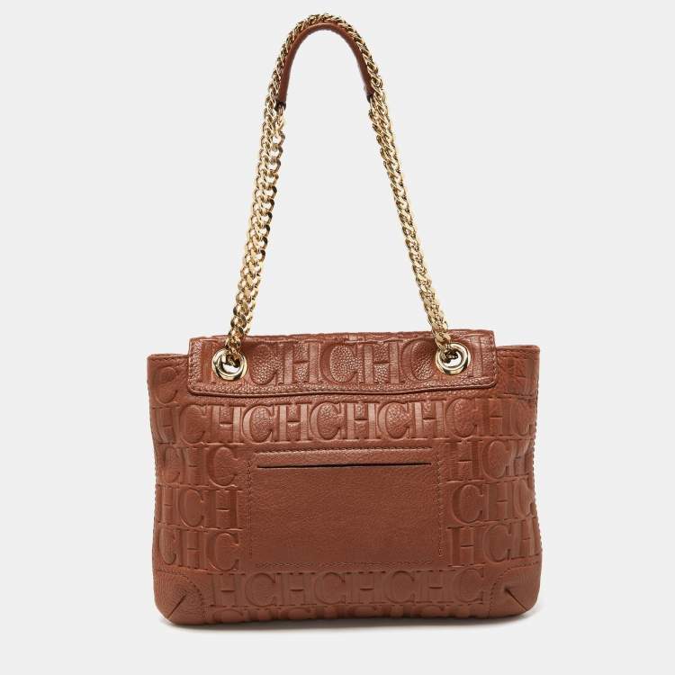Pre Owned Carolina Herrera Brown Monogram Leather Audrey Shoulder Bag