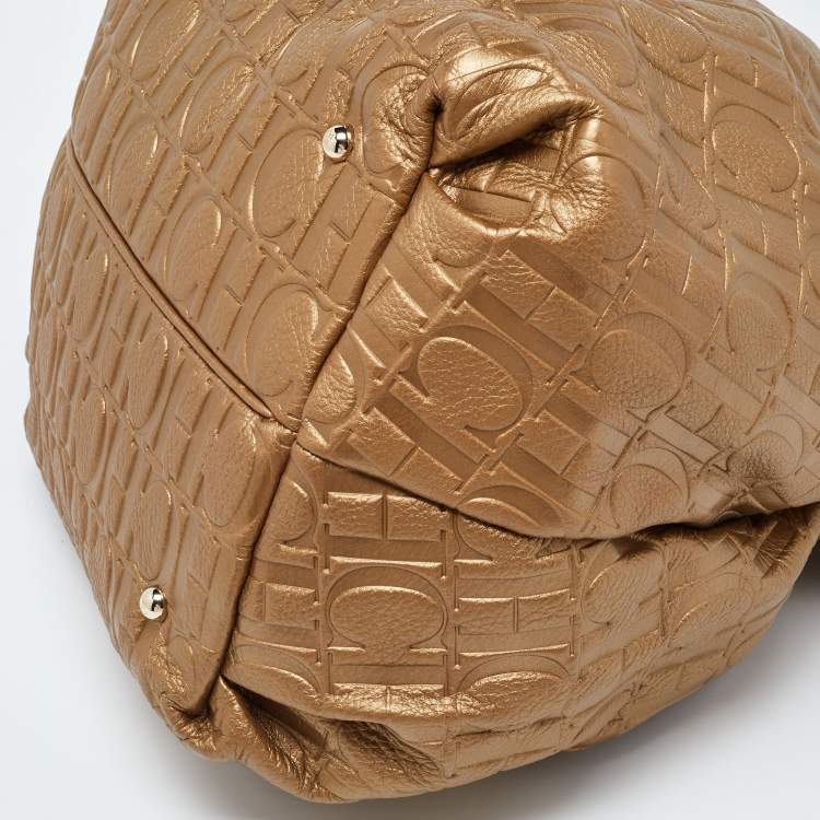 Pre Owned CH Carolina Herrera Gold Embossed Leather Bow Bucket Bag