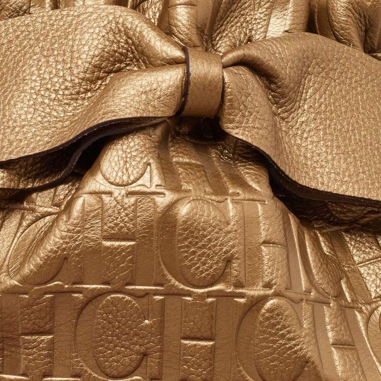 Pre Owned CH Carolina Herrera Gold Embossed Leather Bow Bucket Bag