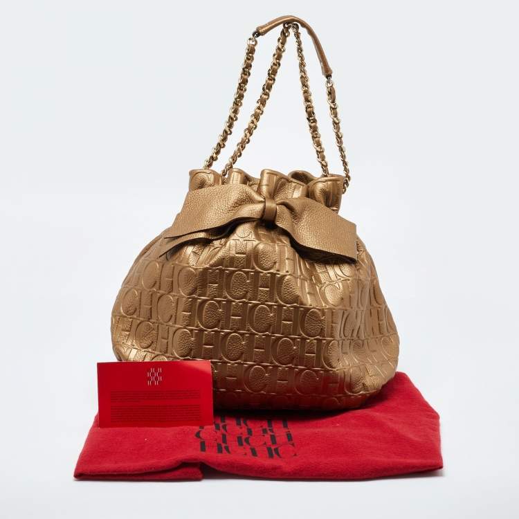 Pre Owned CH Carolina Herrera Gold Embossed Leather Bow Bucket Bag