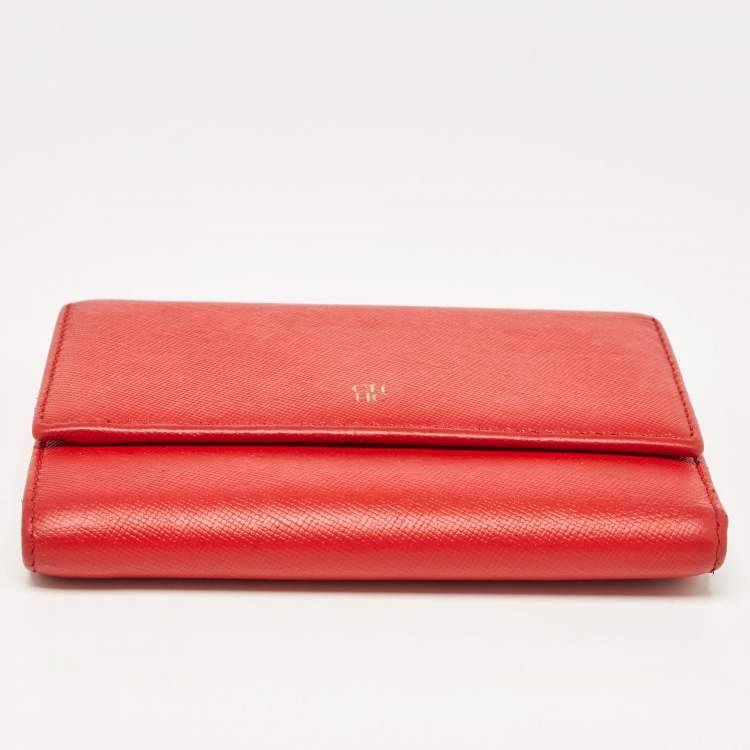 Pre Owned Carolina Herrera Red Leather Logo Trifold Wallet