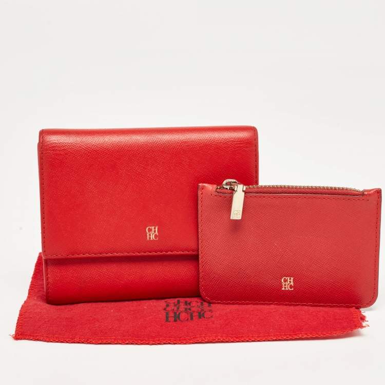 Pre Owned Carolina Herrera Red Leather Logo Trifold Wallet