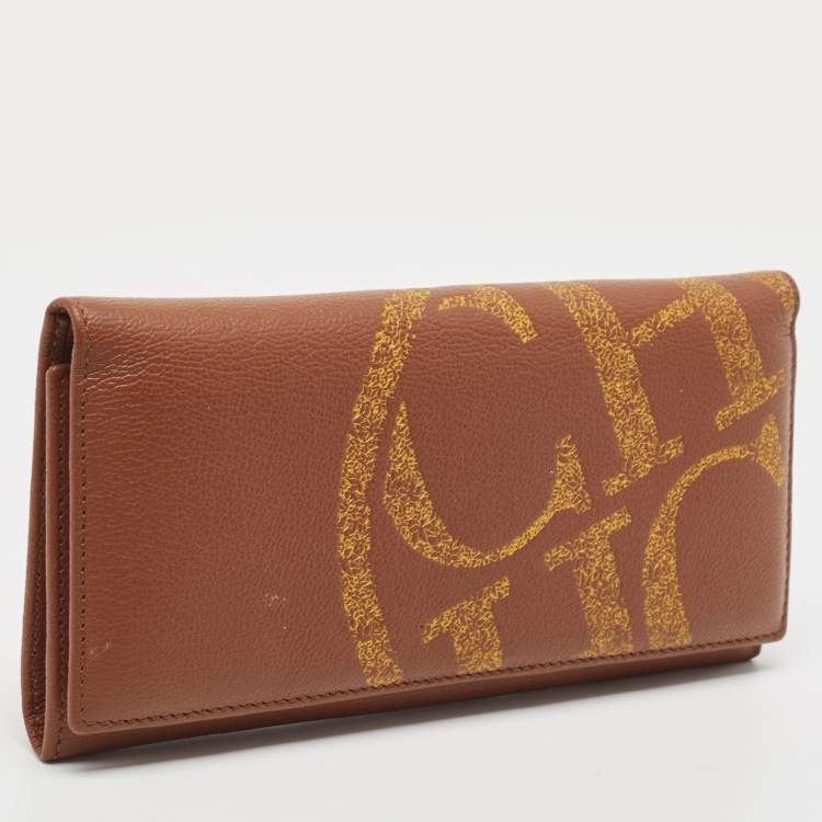 Pre Owned Carolina Herrera Brown Leather Logo Print Continental Wallet