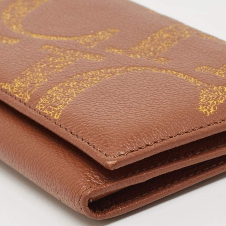 Pre Owned Carolina Herrera Brown Leather Logo Print Continental Wallet