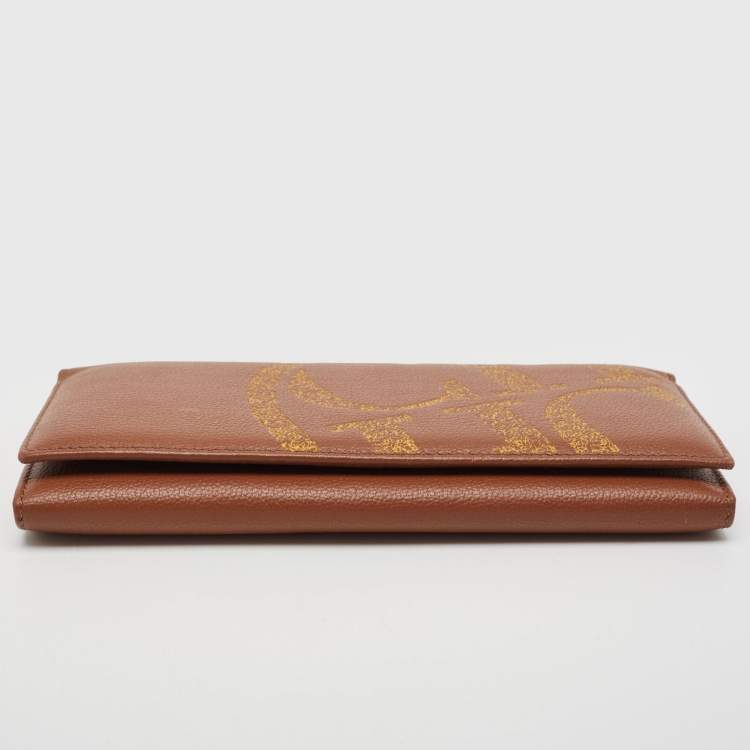 Pre Owned Carolina Herrera Brown Leather Logo Print Continental Wallet