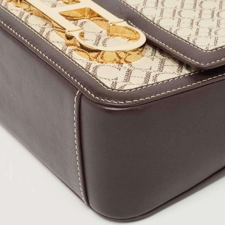 Pre Owned Carolina Herrera Dark Brown/Cream Monogram Canvas and Leather Initials Insignia Shoulder Bag