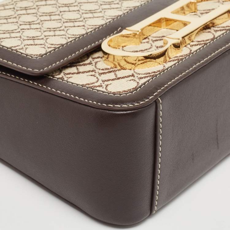 Pre Owned Carolina Herrera Dark Brown/Cream Monogram Canvas and Leather Initials Insignia Shoulder Bag