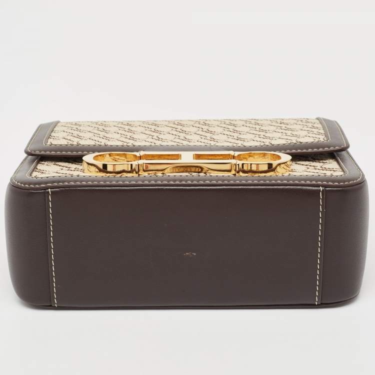 Pre Owned Carolina Herrera Dark Brown/Cream Monogram Canvas and Leather Initials Insignia Shoulder Bag