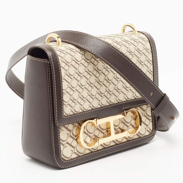 Pre Owned Carolina Herrera Dark Brown/Cream Monogram Canvas and Leather Initials Insignia Shoulder Bag