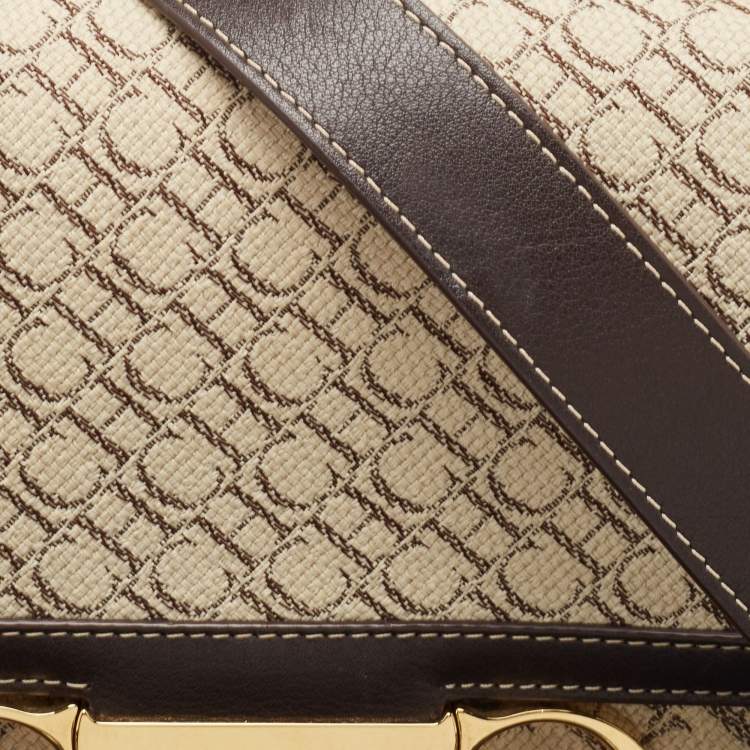 Pre Owned Carolina Herrera Dark Brown/Cream Monogram Canvas and Leather Initials Insignia Shoulder Bag