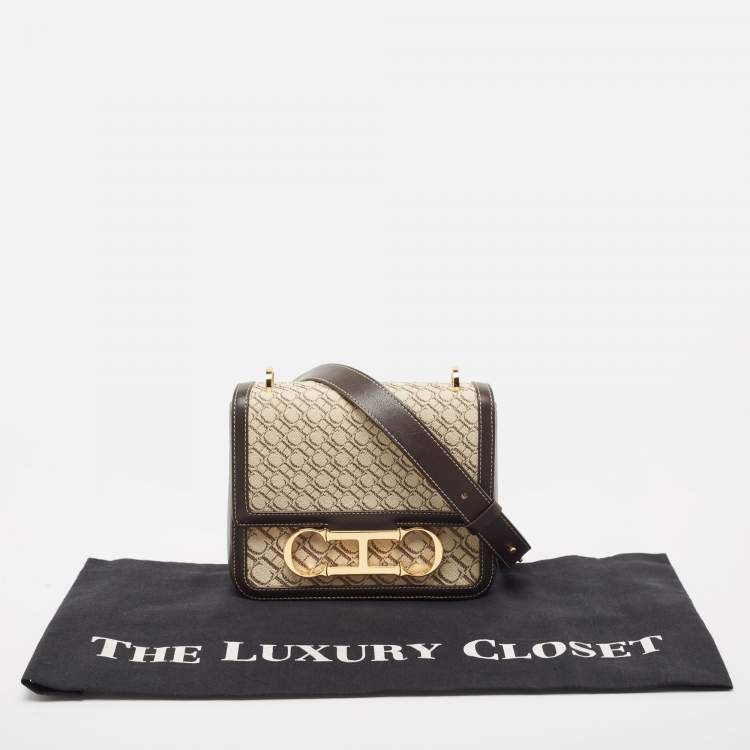 Pre Owned Carolina Herrera Dark Brown/Cream Monogram Canvas and Leather Initials Insignia Shoulder Bag