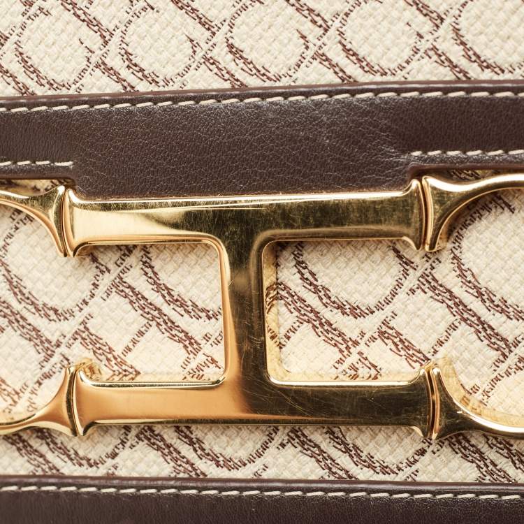 Pre Owned Carolina Herrera Dark Brown/Cream Monogram Canvas and Leather Initials Insignia Shoulder Bag