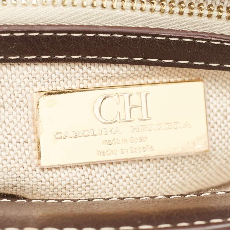 Pre Owned Carolina Herrera Dark Brown/Cream Monogram Canvas and Leather Initials Insignia Shoulder Bag