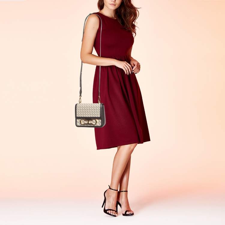 Pre Owned Carolina Herrera Dark Brown/Cream Monogram Canvas and Leather Initials Insignia Shoulder Bag