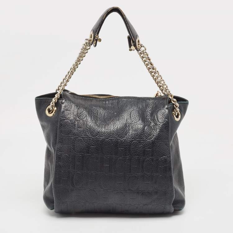 Pre Owned Carolina Herrera Black Monogram Embossed Leather Chain Bag