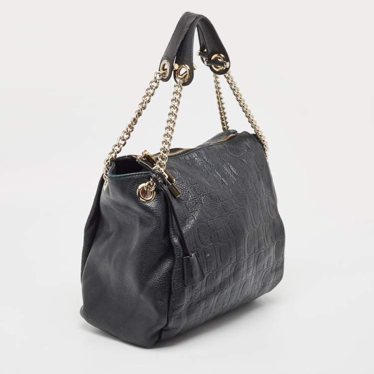 Pre Owned Carolina Herrera Black Monogram Embossed Leather Chain Bag