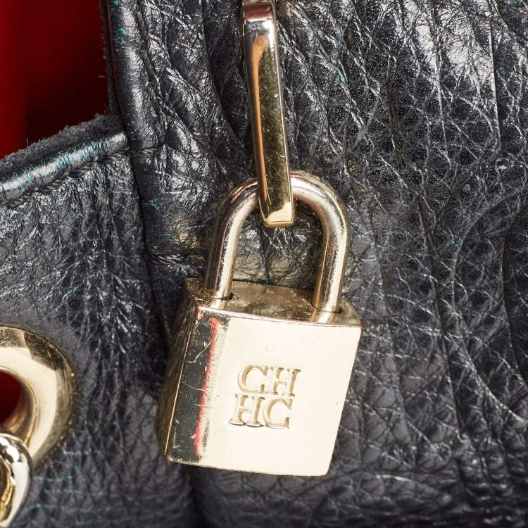 Pre Owned Carolina Herrera Black Monogram Embossed Leather Chain Bag