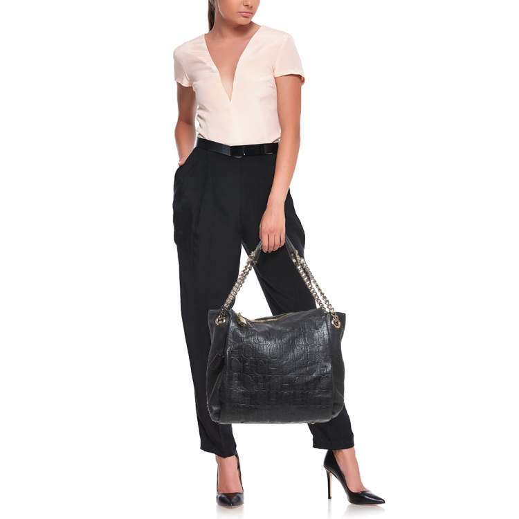 Pre Owned Carolina Herrera Black Monogram Embossed Leather Chain Bag