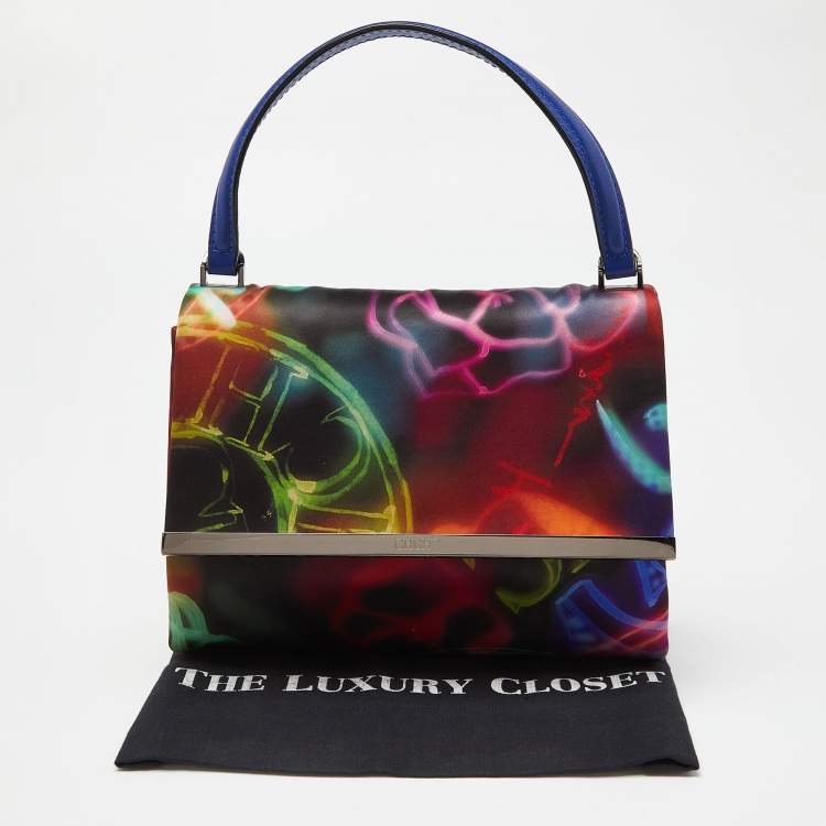 Pre Owned Carolina Herrera Multicolor Printed Fabric and Leather Metal Flap Top Handle Bag