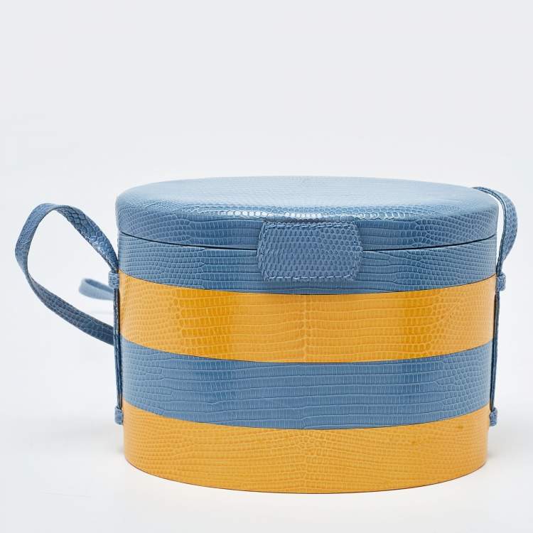 Pre Owned Carolina Herrera Blue/Yellow Lizard Stripe Trunk Bag