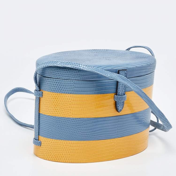 Pre Owned Carolina Herrera Blue/Yellow Lizard Stripe Trunk Bag