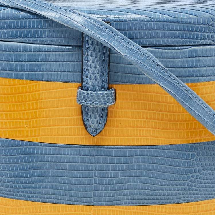 Pre Owned Carolina Herrera Blue/Yellow Lizard Stripe Trunk Bag