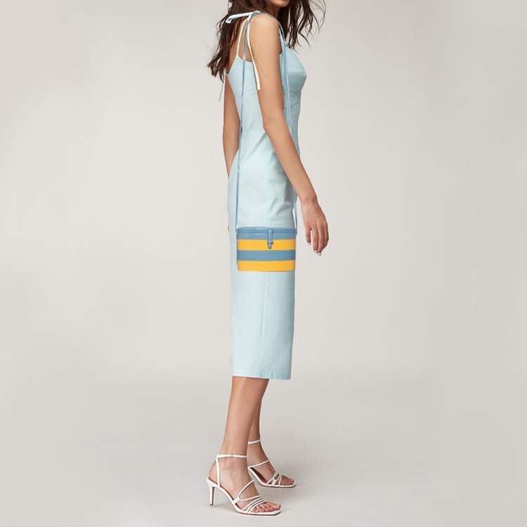 Pre Owned Carolina Herrera Blue/Yellow Lizard Stripe Trunk Bag