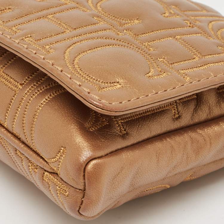 Pre Owned Carolina Herrera Bronze Monogram Leather Wristlet Clutch