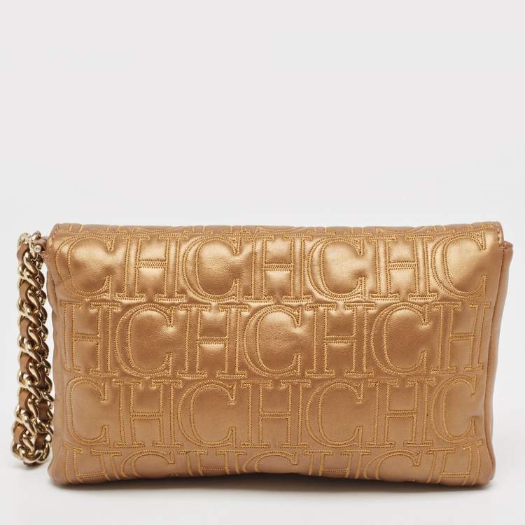 Pre Owned Carolina Herrera Bronze Monogram Leather Wristlet Clutch