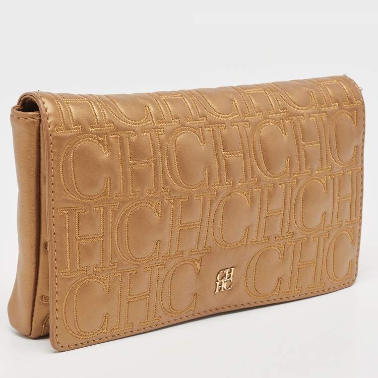 Pre Owned Carolina Herrera Bronze Monogram Leather Wristlet Clutch