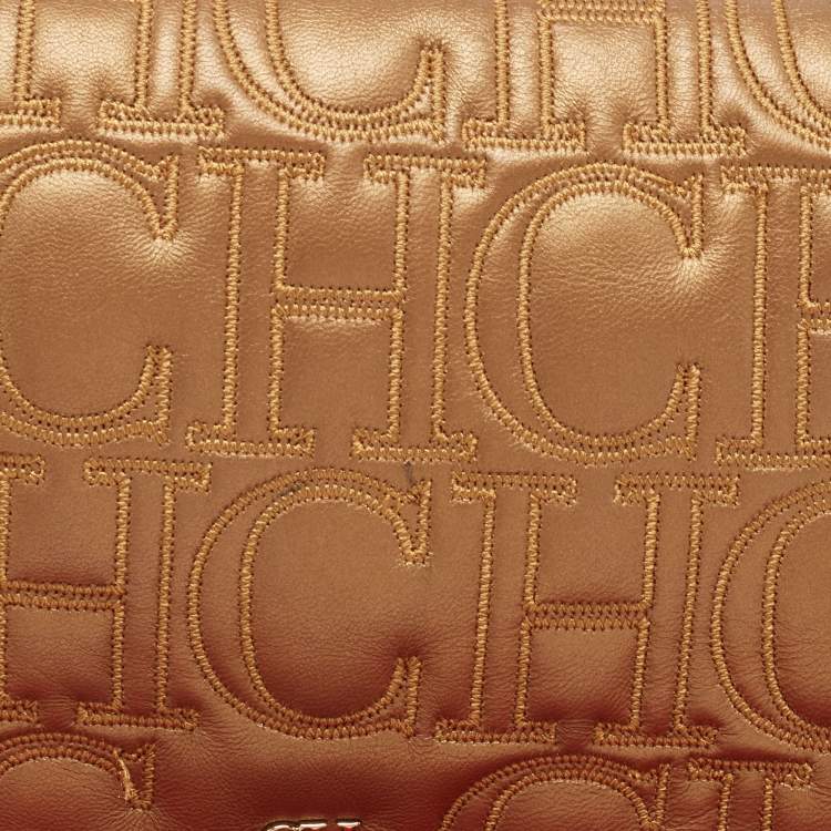 Pre Owned Carolina Herrera Bronze Monogram Leather Wristlet Clutch