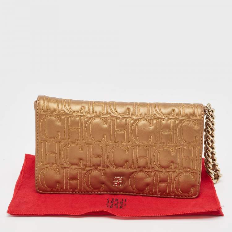 Pre Owned Carolina Herrera Bronze Monogram Leather Wristlet Clutch