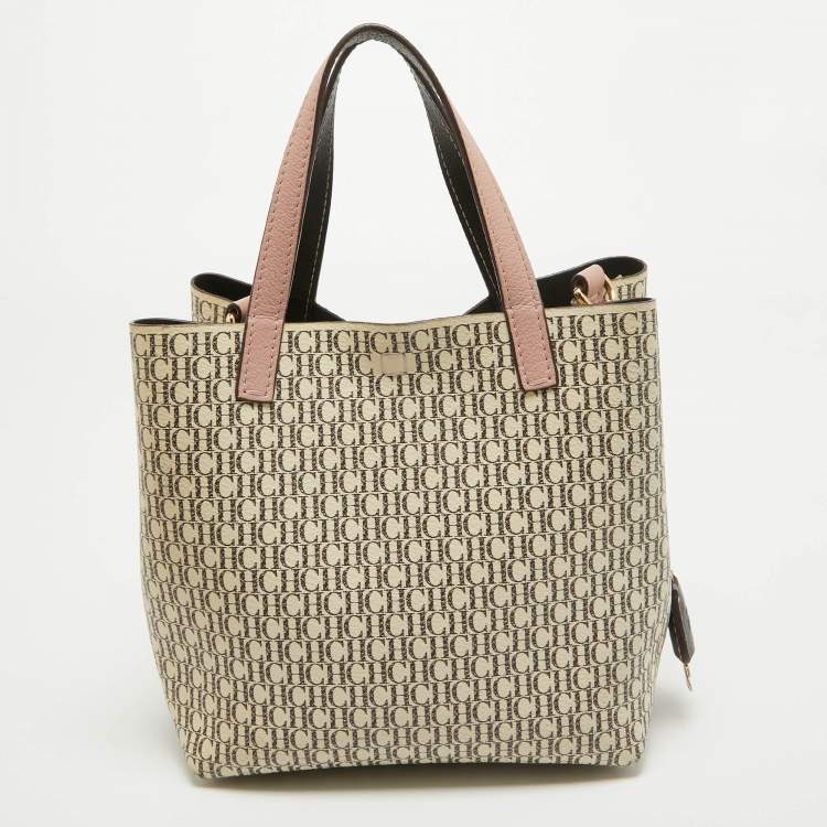 Pre Owned Carolina Herrera Pink/Off White Monogram Coated Canvas and Leather Small Matryoshka Locked Tote