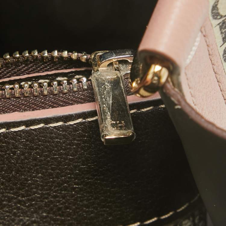 Pre Owned Carolina Herrera Pink/Off White Monogram Coated Canvas and Leather Small Matryoshka Locked Tote