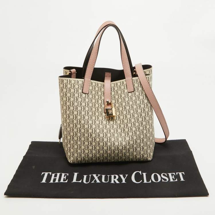 Pre Owned Carolina Herrera Pink/Off White Monogram Coated Canvas and Leather Small Matryoshka Locked Tote