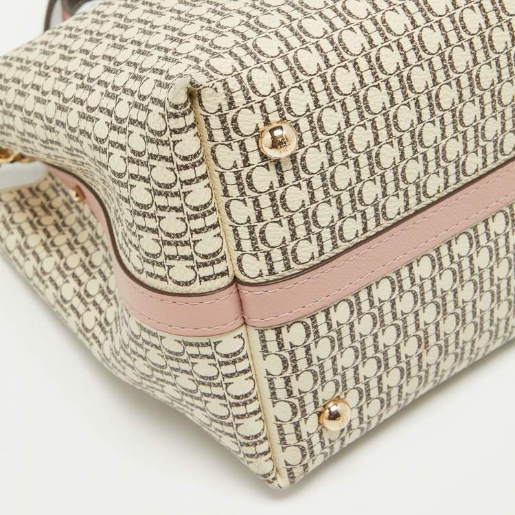 Pre Owned Carolina Herrera Pink/Off White Monogram Coated Canvas and Leather Small Matryoshka Locked Tote