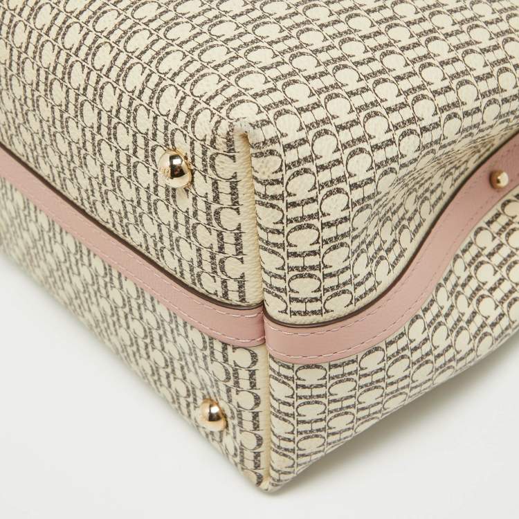 Pre Owned Carolina Herrera Pink/Off White Monogram Coated Canvas and Leather Small Matryoshka Locked Tote