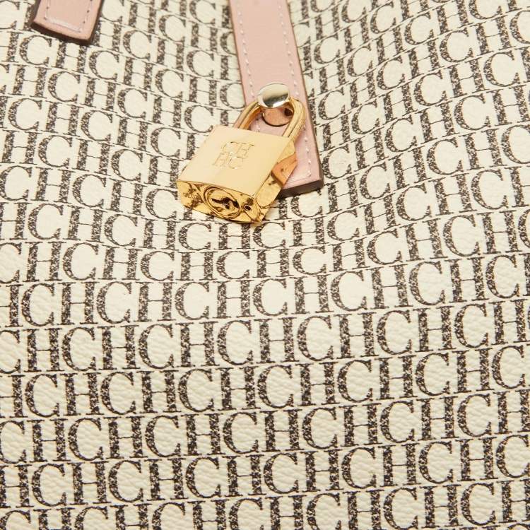 Pre Owned Carolina Herrera Pink/Off White Monogram Coated Canvas and Leather Small Matryoshka Locked Tote